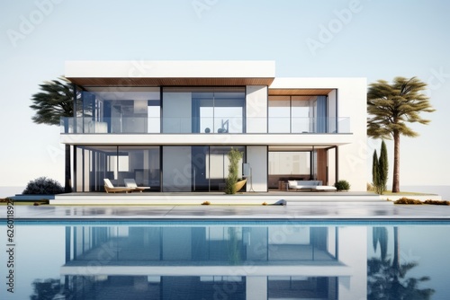 Modern and elegant villa with pool. AI generated © XC Stock