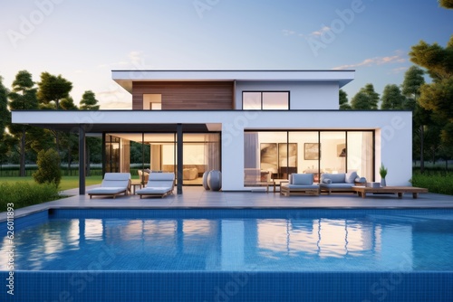 Modern and elegant villa with pool. AI generated © XC Stock