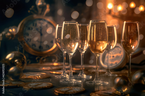 glasses with champagne and clock on table with Christmas decorations. new year eve, generative AI