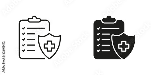 Medical Record Line and Silhouette Black Icon Set. Hospital Diagnostic Document Symbol Collection. Patient Diagnosis Report Pictogram. Health Information on Clipboard. Isolated Vector Illustration