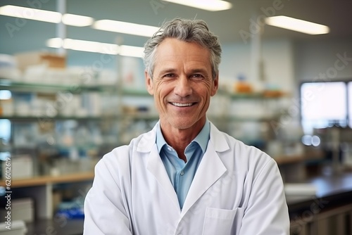 Portrait of smiling mature male pharmacist standing in pharmacy drugstore
