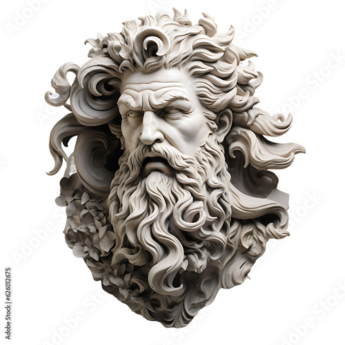 Zeus, ancient marble greek sculpture. Decoration, head, bust. Isolated on white or transparent background, png