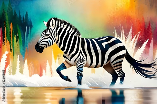 Multi color splash art of a zebra on white background  By Generative AI technology