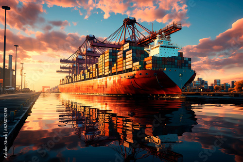 Container ship being loaded and unloaded at terminal freight port, international shipping and global commerce, modern cargo harbor and yard for maritime shipment and delivery