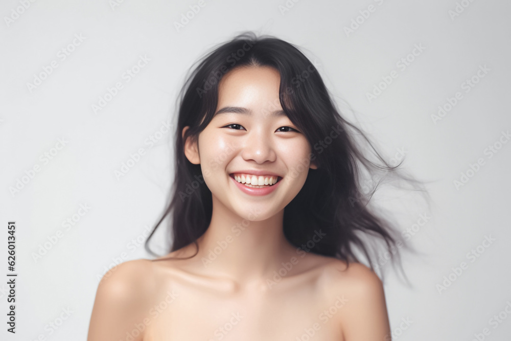 Beaming headshot of a stunning young woman with a radiant smile, set against a clean soft light background. generative AI.