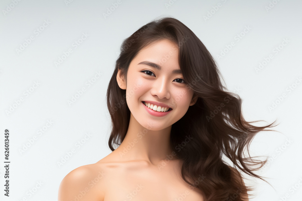 Beaming headshot of a stunning young woman with a radiant smile, set against a clean soft light background. generative AI. Beaming headshot of a stunning young woman with a radiant smile, set against a clean soft light background. generative AI.