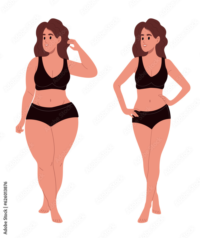 Concept of figure fat and overweight. An overweight woman stands in front of a thin, slender, fit woman. Before and after weight loss. Vector illustrations. Concept of figure fat and overweight. An overweight woman stands in front of a thin, slender, fit woman. Before and after weight loss. Vector illustrations.
