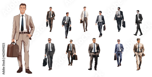 Set of Businessman character in different poses. Handsome man with beard wearing formal suit standing and walking, using phone , front, back and side view. Vector realistic illustration isolated white