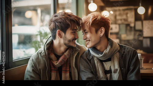 Happy LGBT couple smiling.