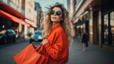 Young woman stands on the street with bags while shopping. Created with Generative AI technology.