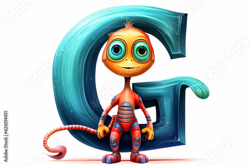 Colorful alien alphabet, uppercase letter G isolated on white background, vibrant kids font with fantasy characters for education in school, preschool and kindergarten. Generative AI. © Aul Zitzke