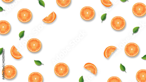 Frame made of fresh oranges slices with leaves on white background with copy space for presentation