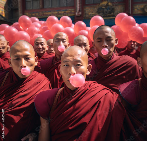 Monks chewing a bubble gums during a prayer. Generative AI photo