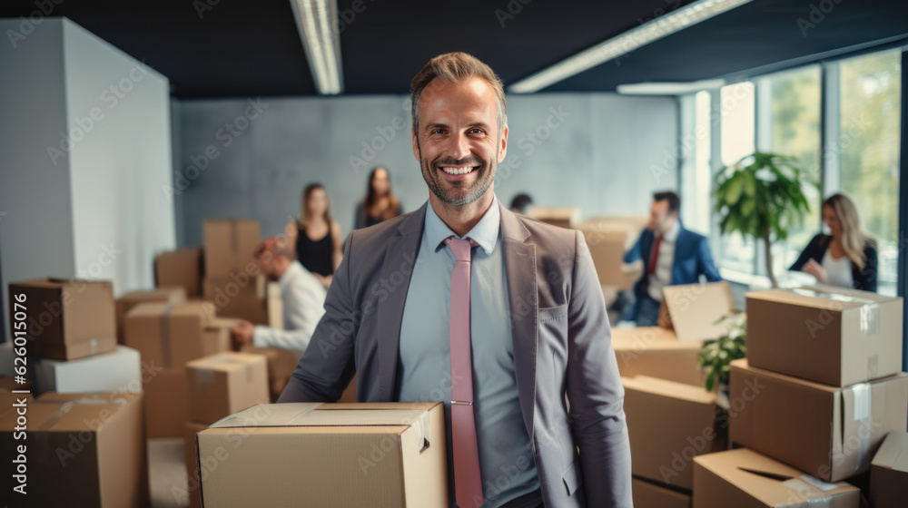 Businessman is moving to a new office. Holding a box of things in his hands. Created with Generative AI technology. Businessman is moving to a new office. Holding a box of things in his hands. Created with Generative AI technology.