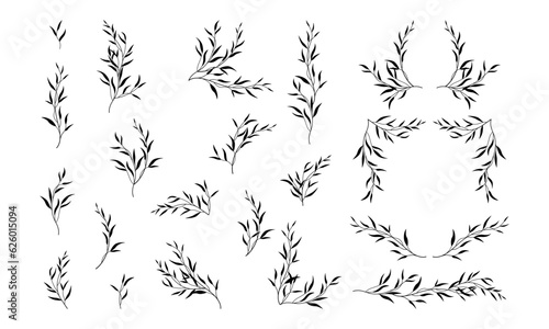 Black minimalist   ornaments with plant elements in silhouette style for wedding monograms, frames and borders, invitations, greeting cards, logos, blogs, web, posters
