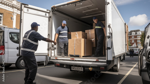 Workers unloading boxes from van outdoors. Moving service. Created with Generative AI technology.