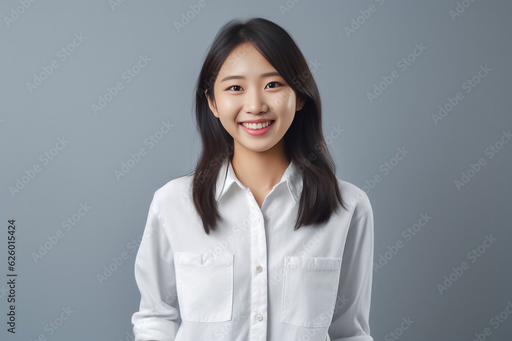 Smart Casual Office Shirt uniform Girl Teenager - Adult stands in front of dark black Background. generative AI Smart Casual Office Shirt uniform Girl Teenager - Adult stands in front of dark black Background. generative AI