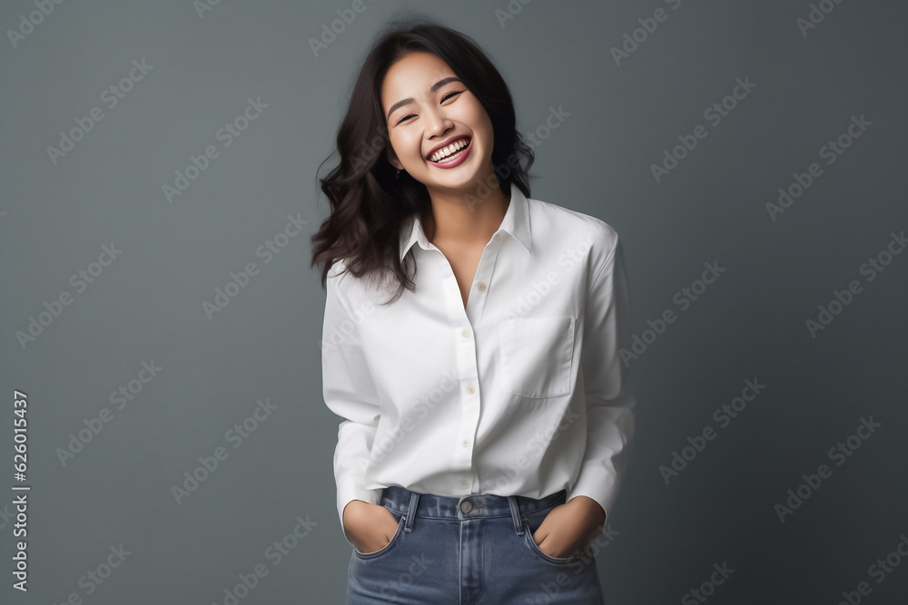 Smart Casual Office Shirt uniform Girl Teenager - Adult stands in front of dark black Background. generative AI Smart Casual Office Shirt uniform Girl Teenager - Adult stands in front of dark black Background. generative AI