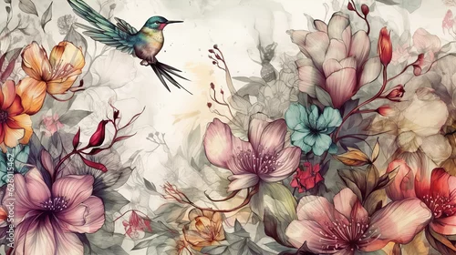 Obraz z kwiatami, egzotycznymi roślinami i kolibrem.