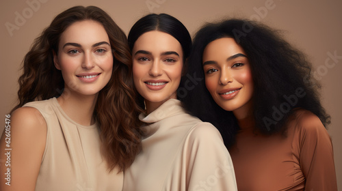 Beauty. Multi Ethnic Group of Womans with diffrent types of skin together against beige background. Created with Generative AI technology.