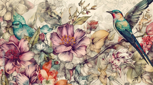Beautiful vintage background with flowers, exotic plants, butterflies. Floral print © IRStone