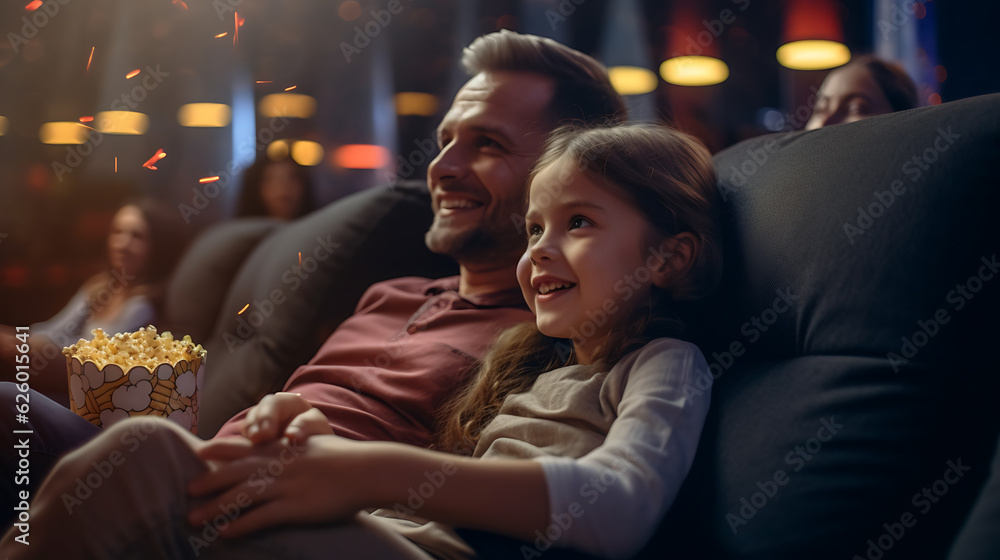 Father and daughter are sitting on the couch at home watching a movie.