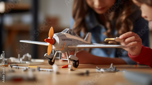 Children assemble a toy model of a vintage airplane at home.