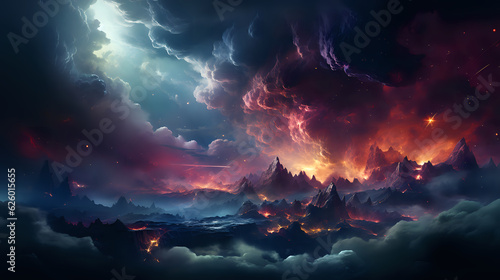 Supernova, a fantasy artwork, a landscape with volcanoes. - Generated Ai