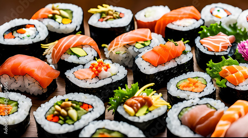 Assorted Colorful Sushi foods are ready to eat. 