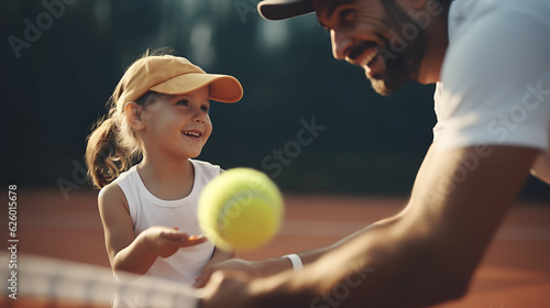 Little girl playing tennis with her father on the court. © MP Studio