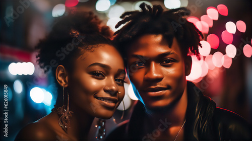 Portrait of beautiful young black couple on city street at night, 