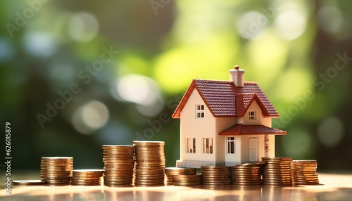 Real Estate Dreams: Miniature House and Money Stacks,  liberdade financeira compra de casa, generative ai photo