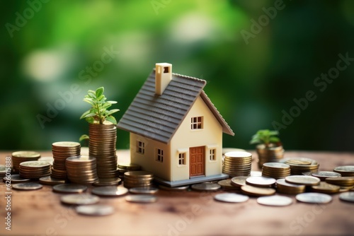 Real Estate Dreams: Miniature House and Money Stacks, liberdade financeira compra de casa, generative ai