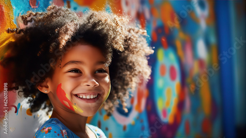 Portrait of adorable African little girl, lean against of wall with paintings. Street art, little artist concept. 