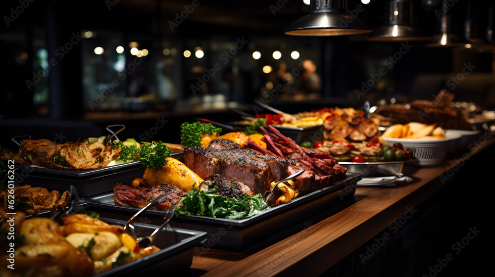 Catering-Buffet-Essen drinnen im Restaurant mit Fleisch, buntem Obst und Gemüse Generative Ai