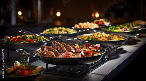 Catering-Buffet-Essen drinnen im Restaurant mit Fleisch  buntem Obst und Gem  se Generative Ai