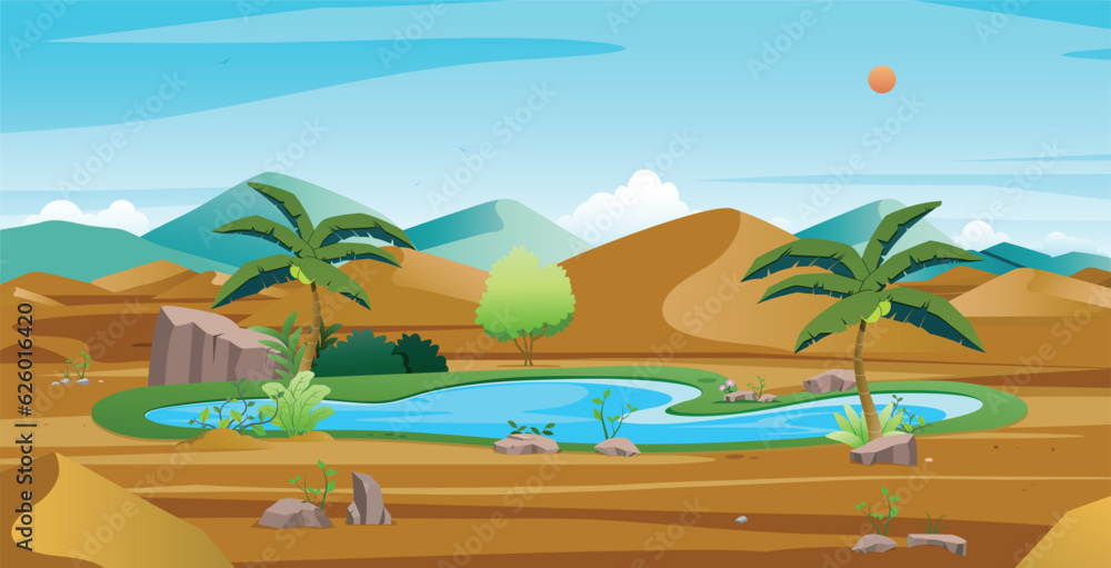A natural oasis with green waters in the middle of the desert.