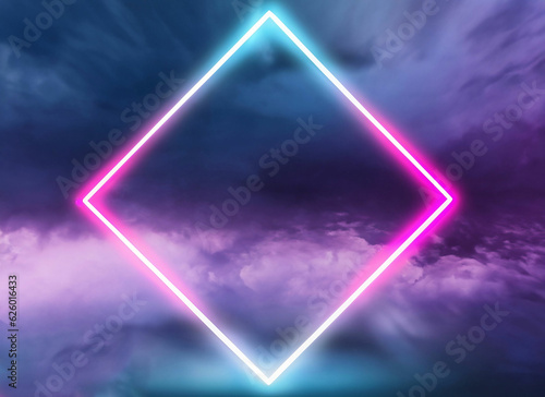 3d rendering, abstract futuristic background with neon geometric shape and stormy cloud on night sky. Rhombus frame with copy space