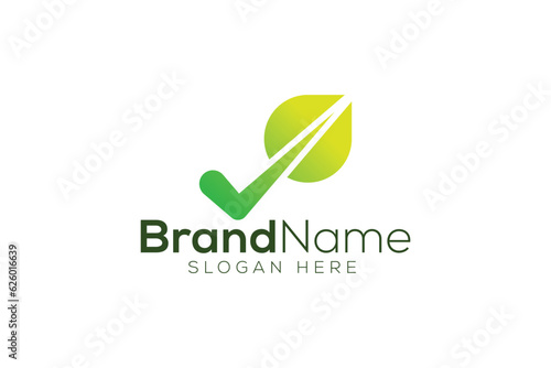 Green leaf and tick mark logo design vector template
