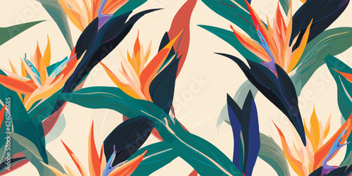 Exotic abstract tropical pattern with strelitzia flower or bird of paradise. Colorful botanical abstract contemporary seamless pattern. Hand drawn unique print