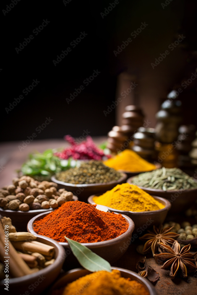 Set of colorful spices and seasonings isolated on black background, copy space
