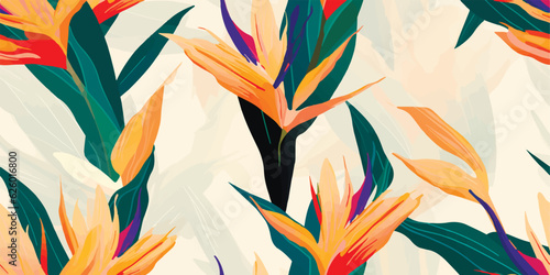 Exotic abstract tropical pattern with strelitzia flower or bird of paradise. Colorful botanical abstract contemporary seamless pattern. Hand drawn unique print
