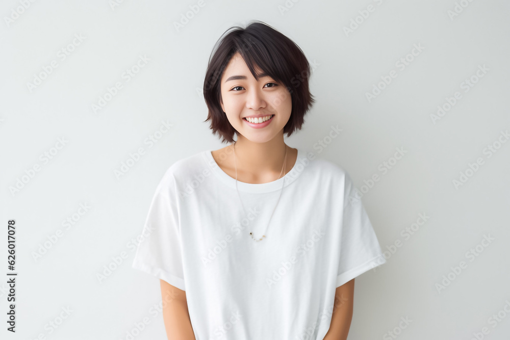 a lively Asian teen with short hair, donning a white T-shirt, standing against a clean white studio backdrop, beautifully lit. Perfect for a wide range of projects. generative AI. a lively Asian teen with short hair, donning a white T-shirt, standing against a clean white studio backdrop, beautifully lit. Perfect for a wide range of projects. generative AI.
