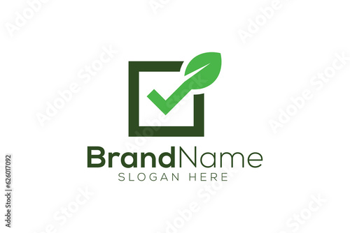 Green leaf and tick mark logo design vector template
