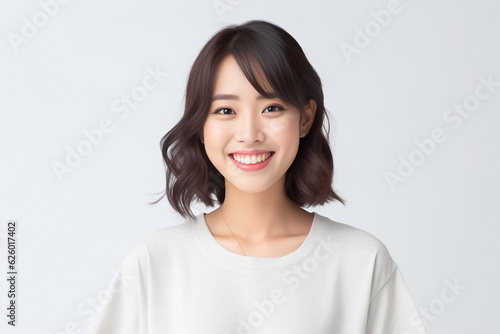 a lively Asian teen with short hair, donning a white T-shirt, standing against a clean white studio backdrop, beautifully lit. Perfect for a wide range of projects. generative AI. © Surachetsh