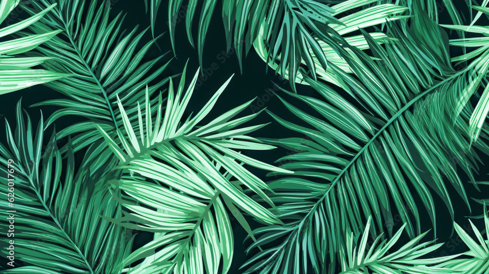 Green palm leaf pattern on a dark background. Generated AI. Illustration for design, poster or print.