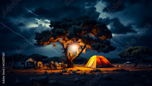 Comfortable night nature hiking. Tent travelling summer evening. Generative AI.