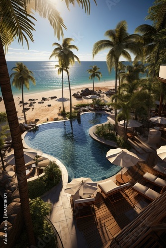 A spacious ocean-view pool with palm trees  beach  and amenities.  Generative AI 