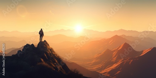 Abstract Male Hiker stands at the summit of a difficult mountain climb to be greeted with a beautiful view of the sunrise. Generative ai.
