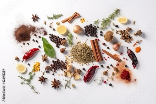 Assortment of culinary spices and herbs on a white background,flat lay,realistic, top view, Generative ai
